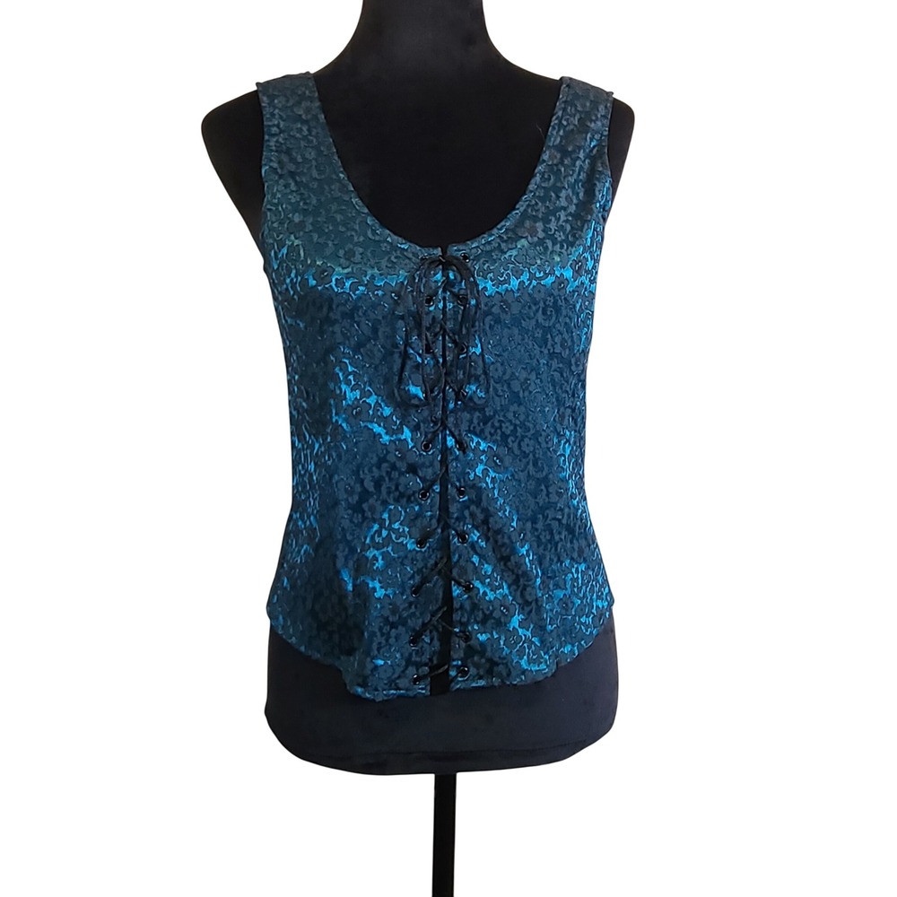 VTG Y2K Fredericks of Hollywood Corset Top Womens L Teal Floral Brocade Boning